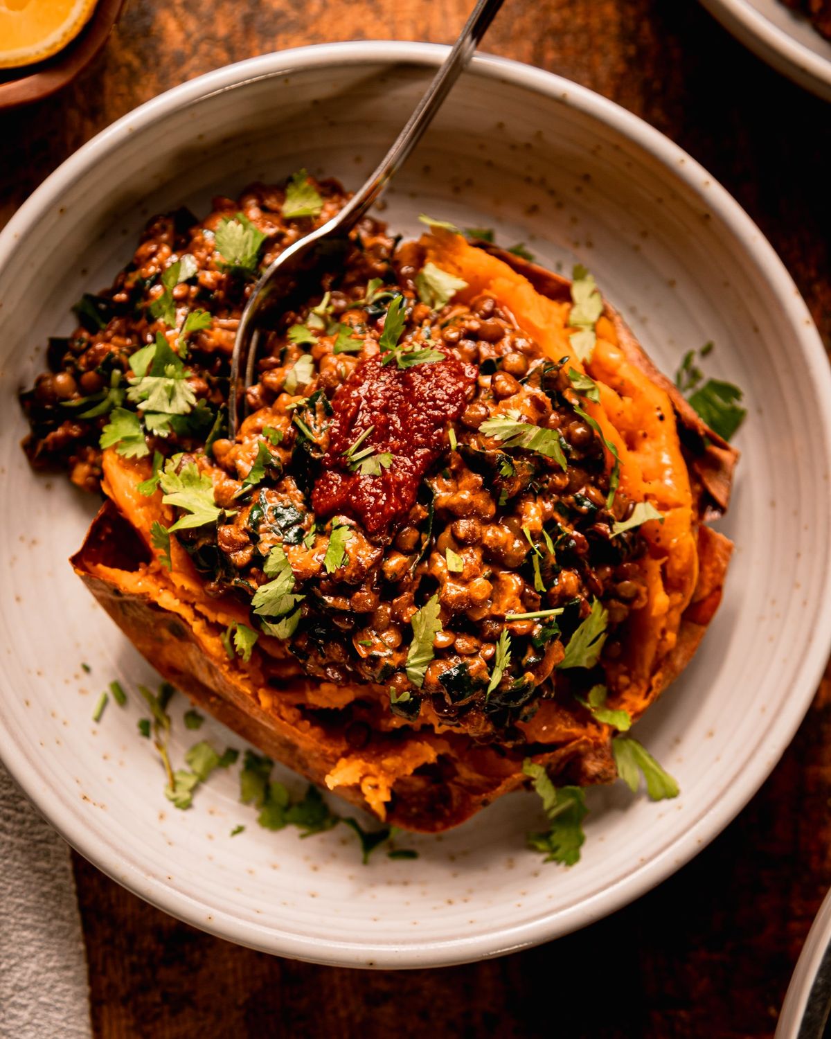 HARISSA COCONUT LENTILS WITH KALE & ROAST SWEET POTATO
