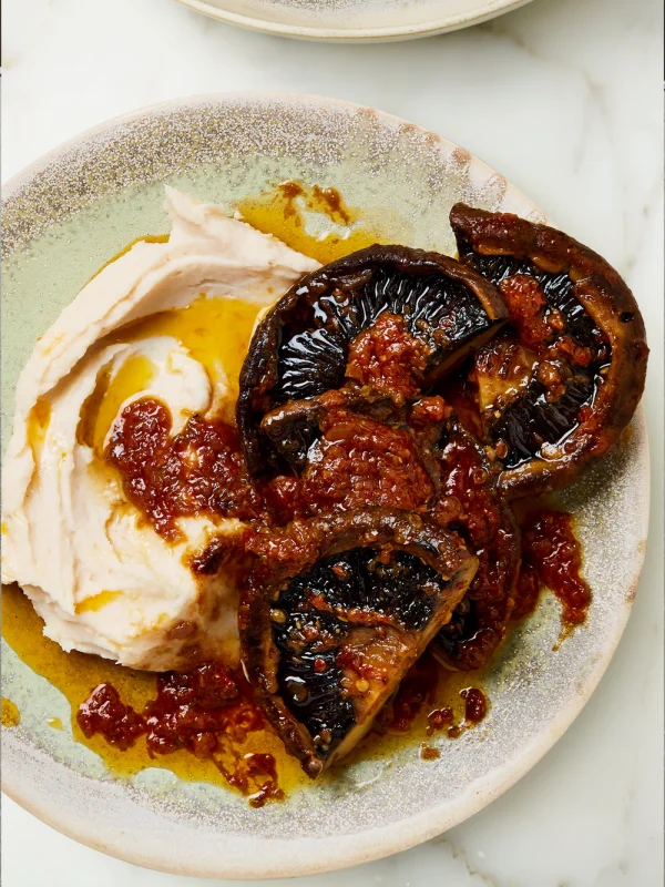 MUSHROOM STEAKS ON BUTTER BEAN MASH w/ Chermoula (VEGAN)