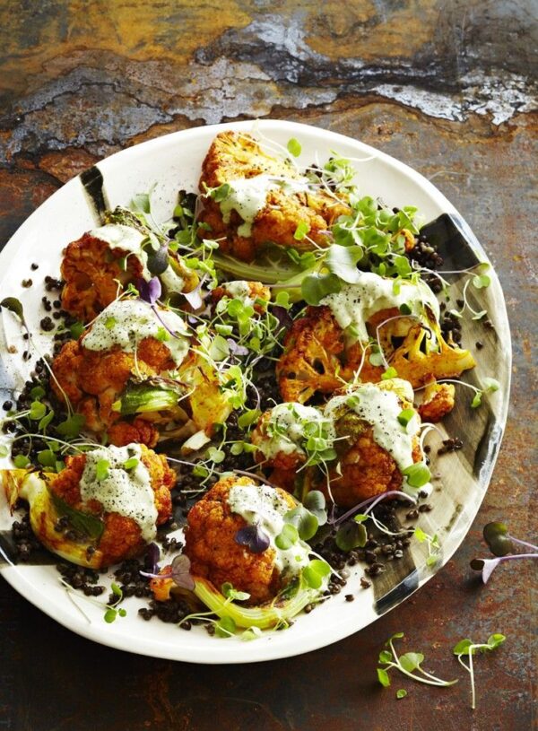 SPICED ROAST CAULIFLOWER w/ Lentils & Basil Tahini Dressing