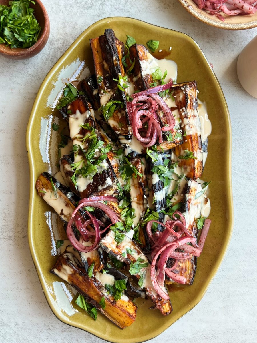 ROASTED EGGPLANT with Miso Tahini & Sumac Onions on Quinoa - Vegan