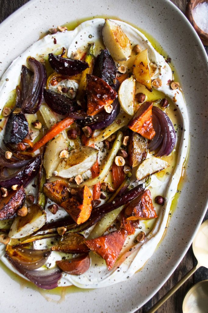 MAPLE ROASTED VEG & PEARS on Black Peppered Yoghurt w/ Hazelnuts - VEGETARIAN