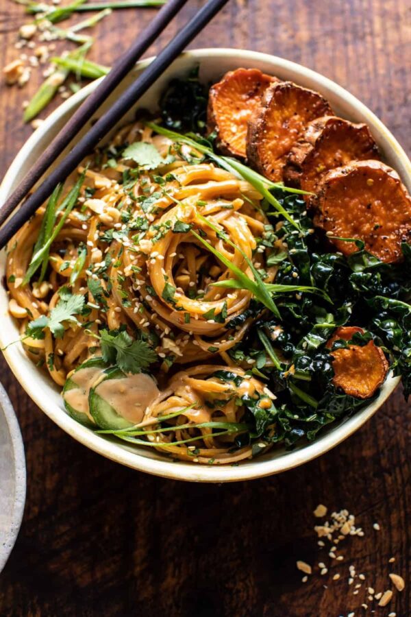 SAUCY TAHINI NOODLES w/ Honeyed Sweet Potatoes & Spinach - VEGAN