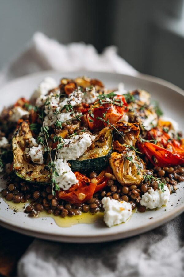 WARM LENTILS w/ Roasted Veg & Crumbled Feta